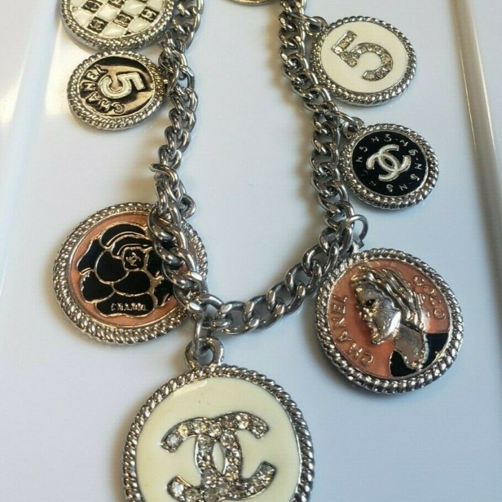 CHANEL ~ Vintage 90's Coco Chanel #5 CC Logo Rhinestone Charm Bracelet - Picture 2 of 8